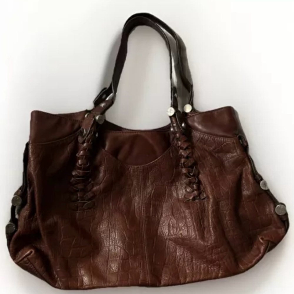 B. Makowski Artisan Brown Leather Handbag Purse Woven Accents Crocodile Embossed